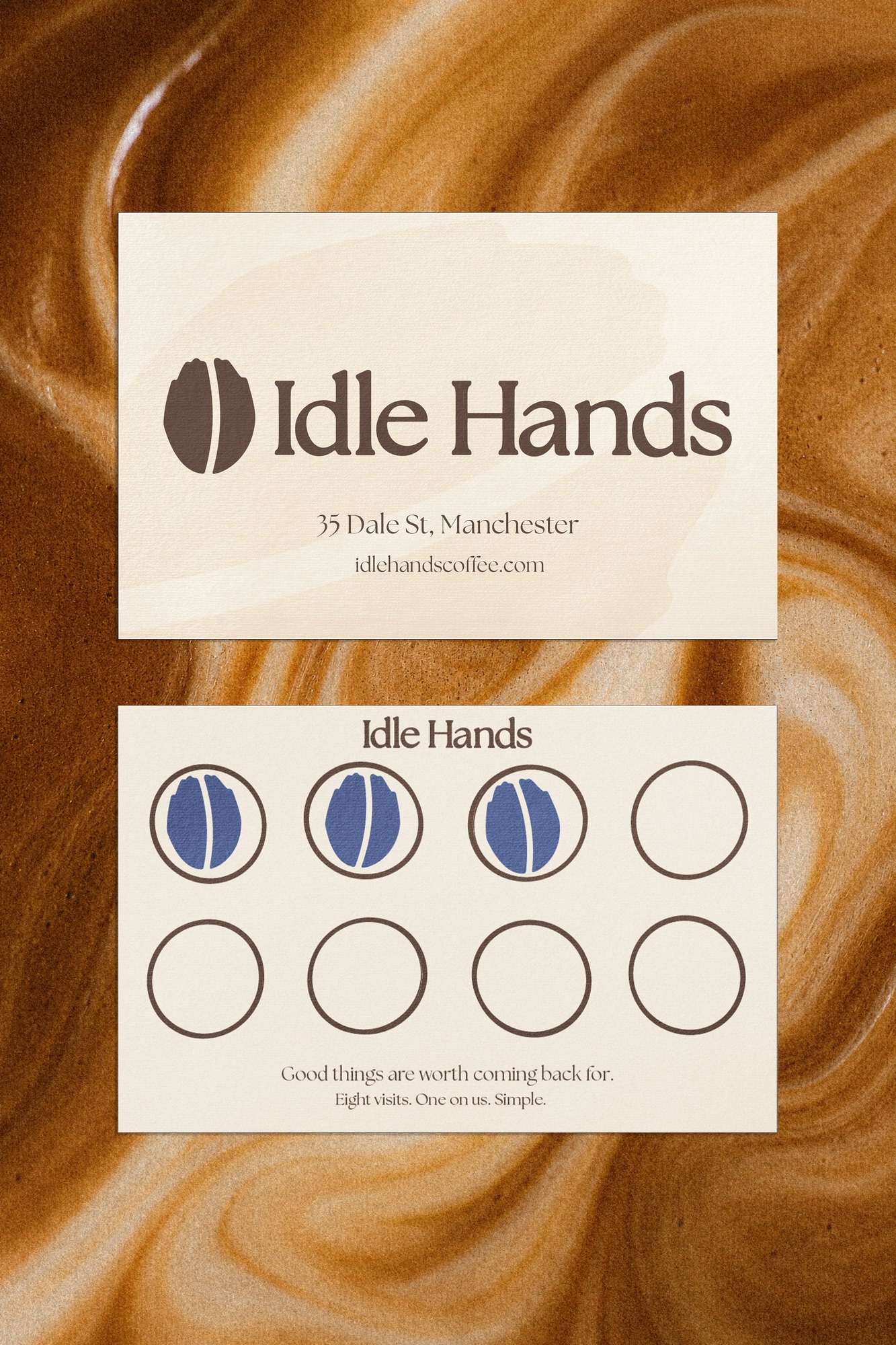 Idle Hands loyalty card: five beans, the fifth in blueberry blue