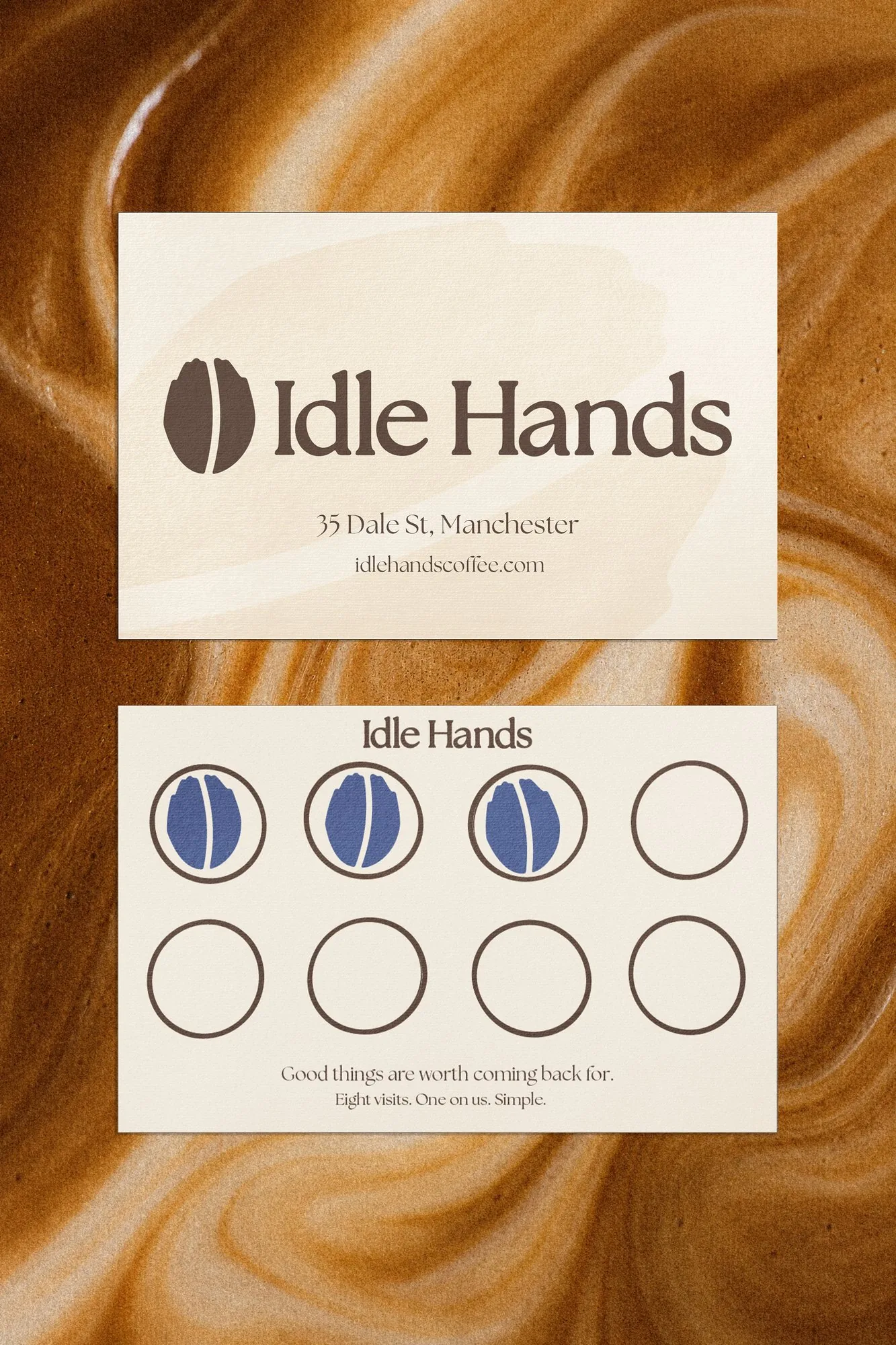 Idle Hands loyalty card: five beans, the fifth in blueberry blue