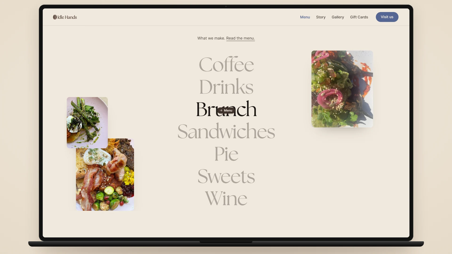 The Idle Hands website on a laptop: the What we make section with the pointer on Brunch, two brunch plates on the left and a salad on the right