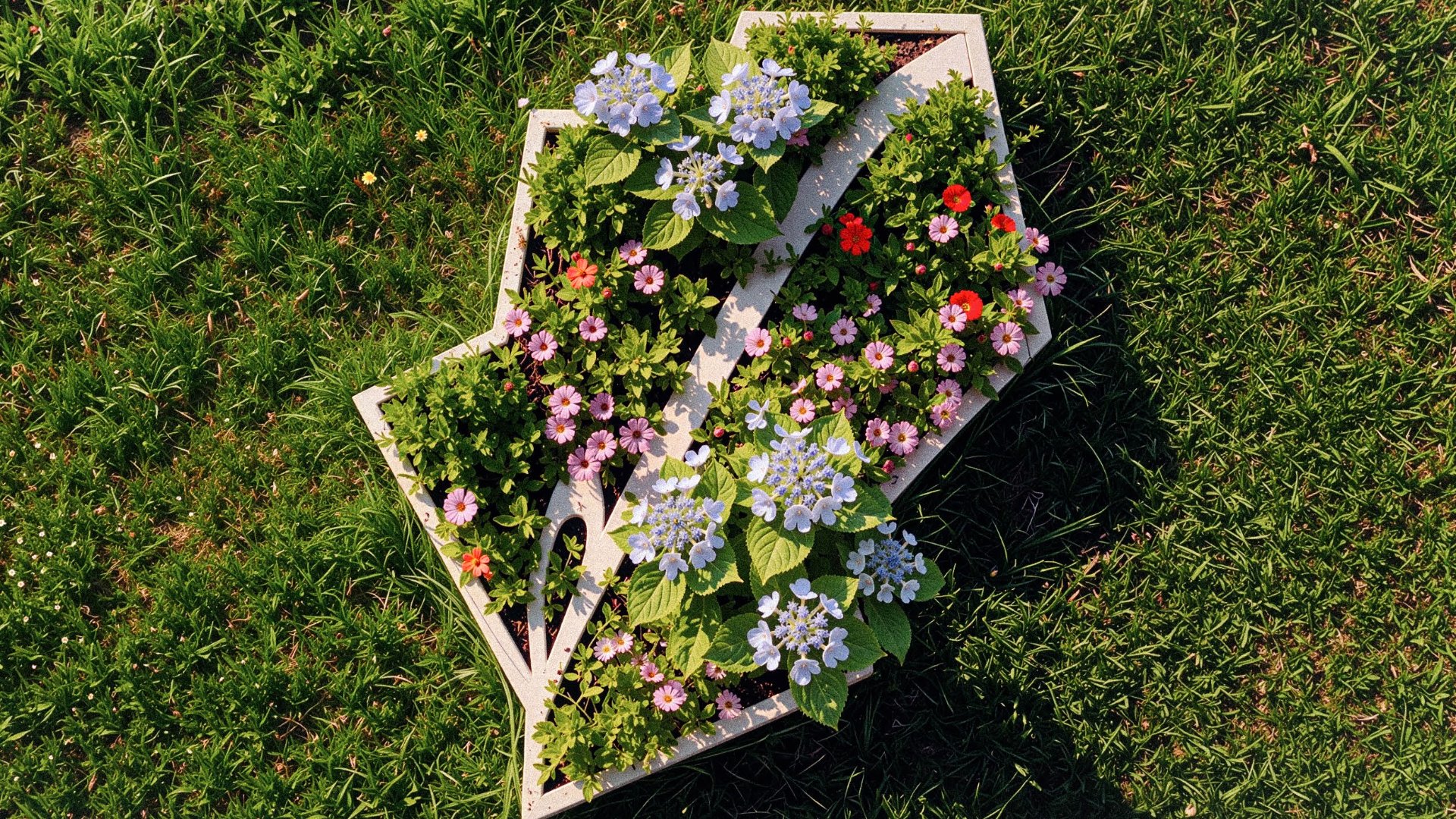 The Patch logo mark built as a real flowerbed planter, seen from above in a lawn