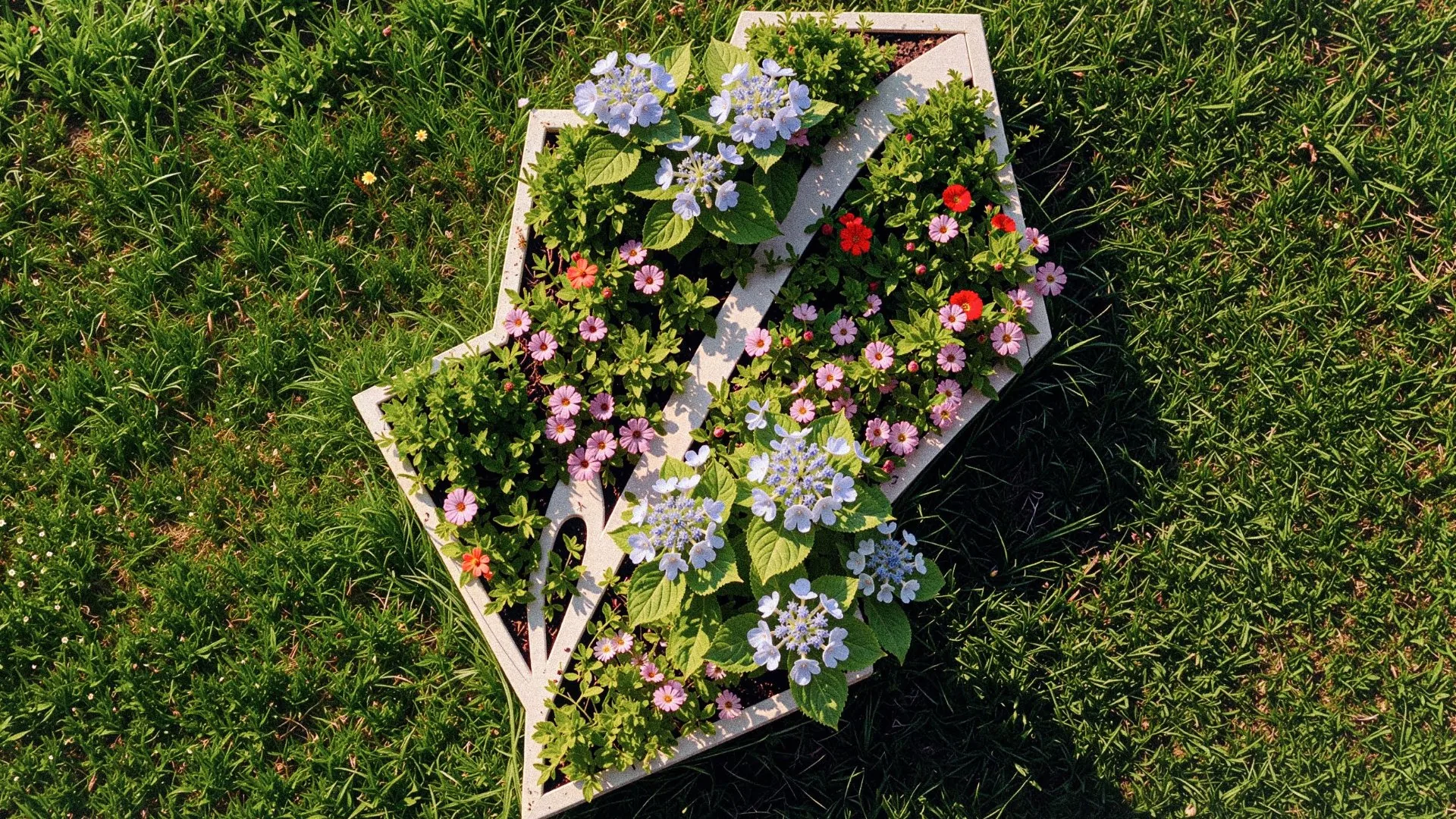 The Patch logo mark built as a real flowerbed planter, seen from above in a lawn
