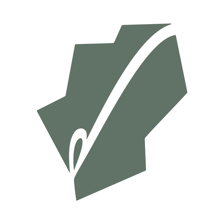 The Patch mark: a leaf grown from a tick, forming a P, with a needle and thread looped through it