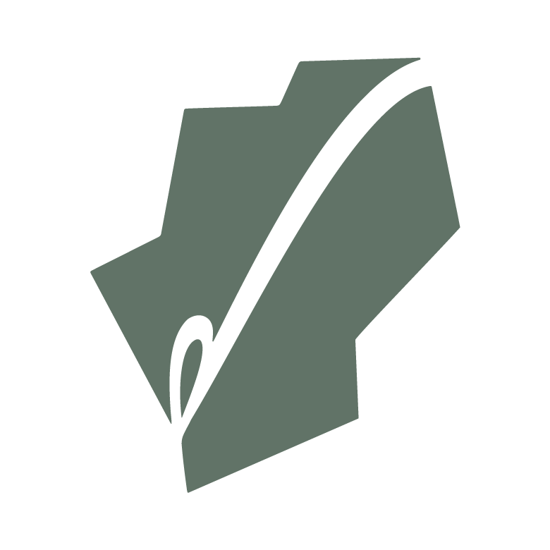 The Patch mark: a leaf grown from a tick, forming a P, with a needle and thread looped through it
