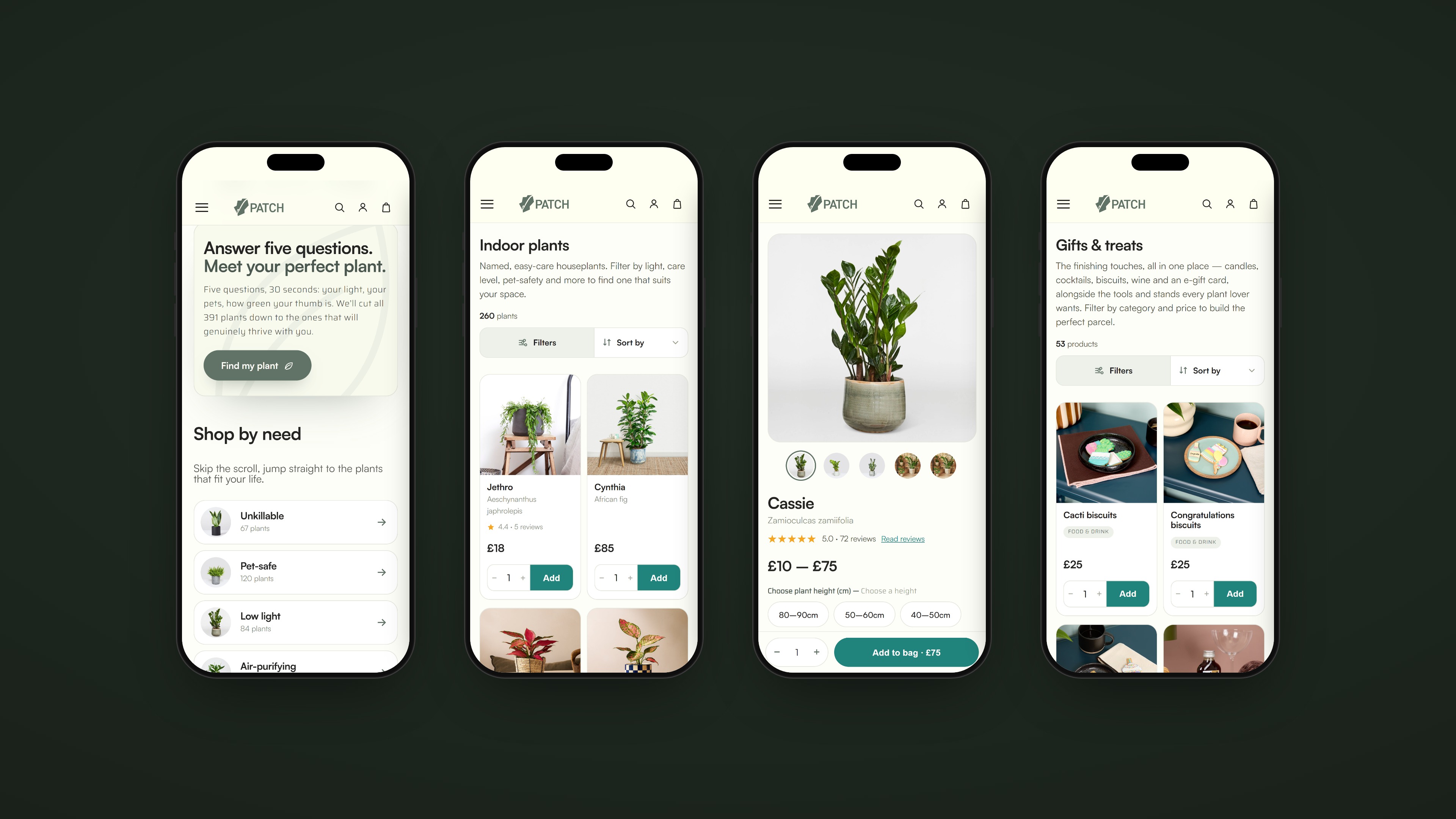 Four Patch pages on phones: the plant quiz, indoor plants, a product page and gifts