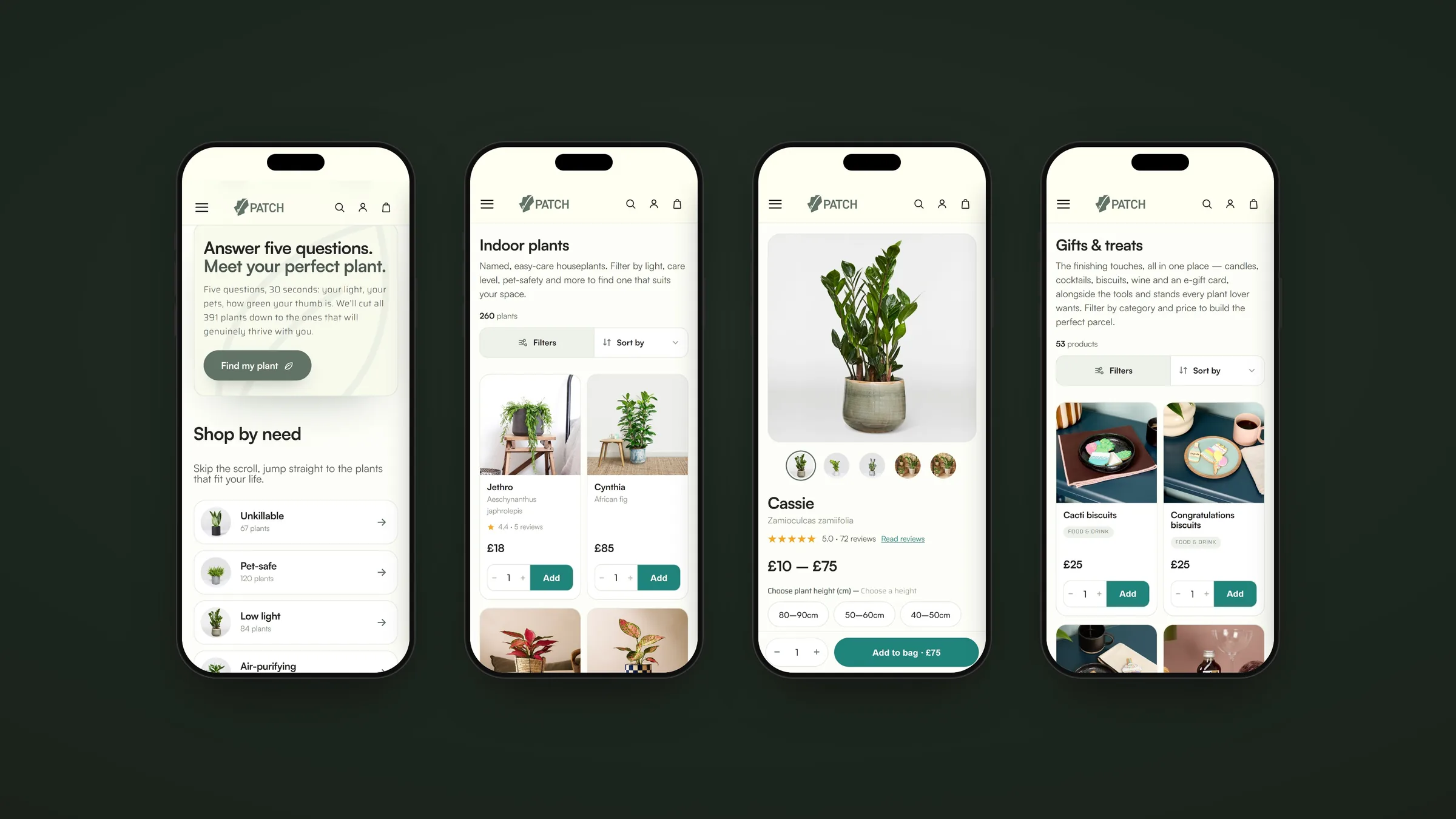 Four Patch pages on phones: the plant quiz, indoor plants, a product page and gifts