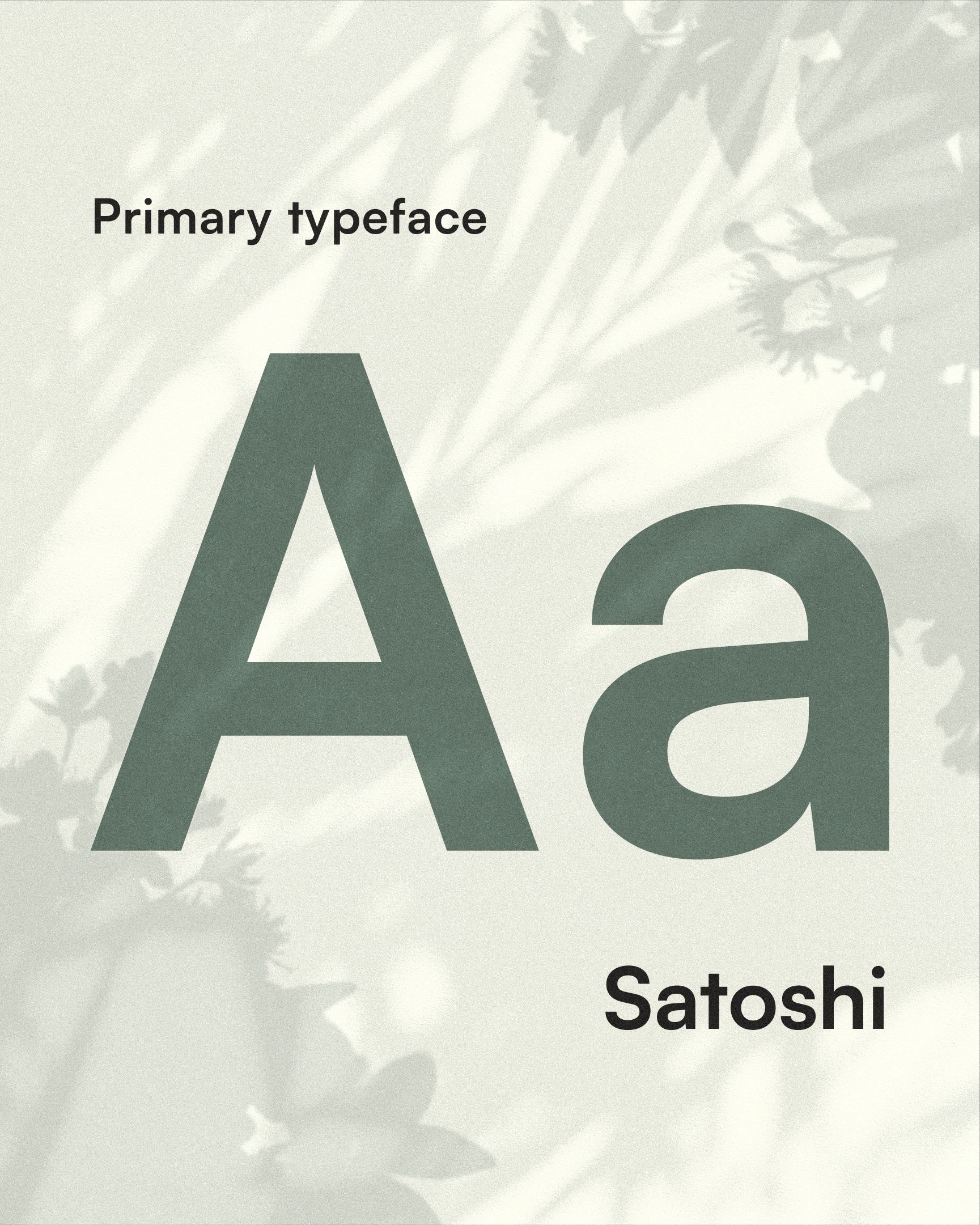 The Patch primary typeface, Satoshi: a large green A and a, over a cream wall of palm and flower shadows