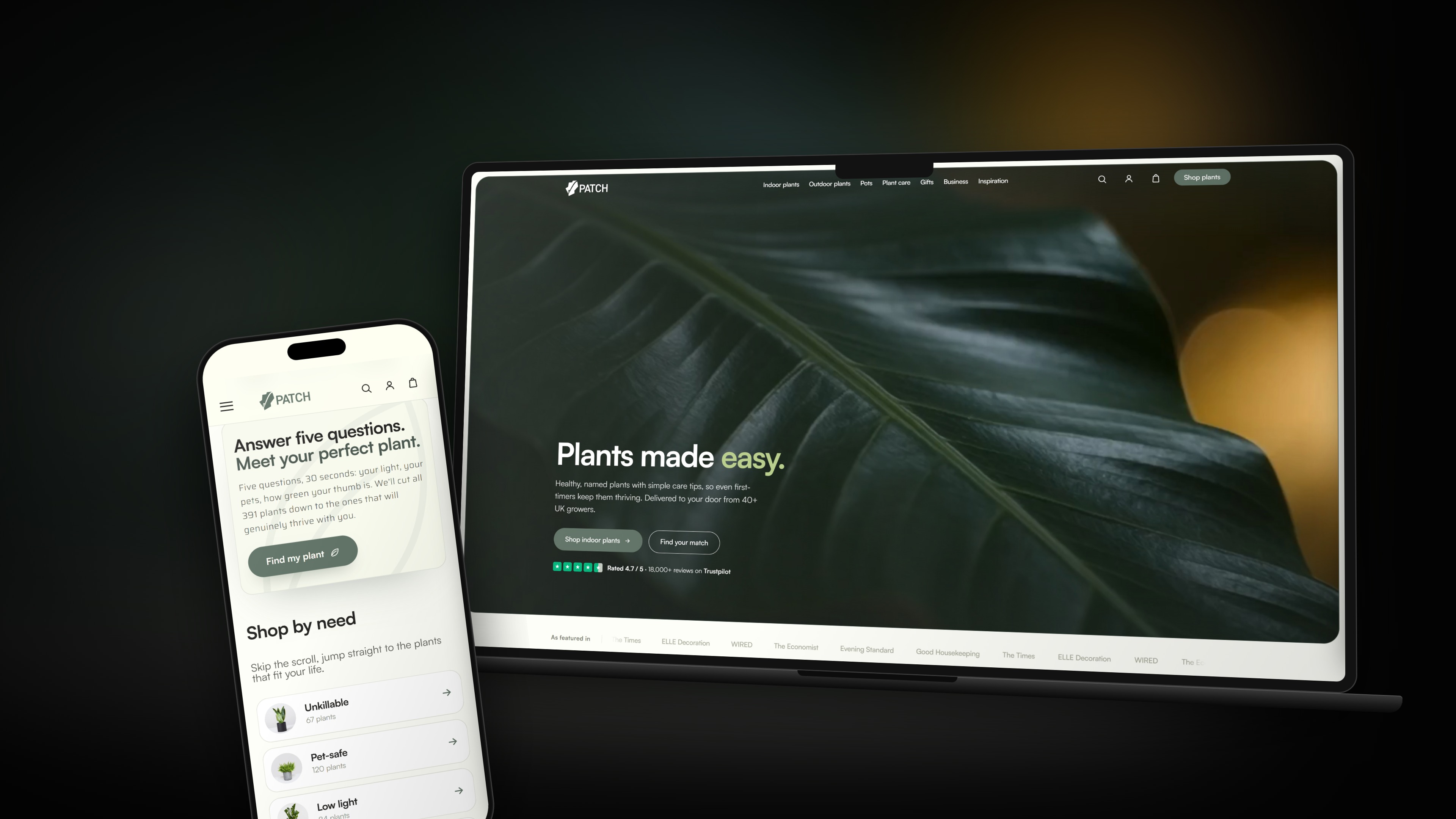 The Patch landing page on a laptop and phone, lit by its own hero