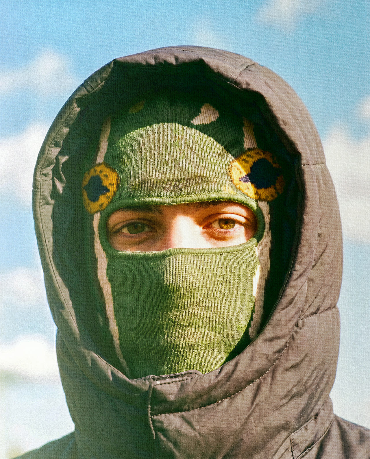 Two Frogs knitted balaclava with the mark on the brow