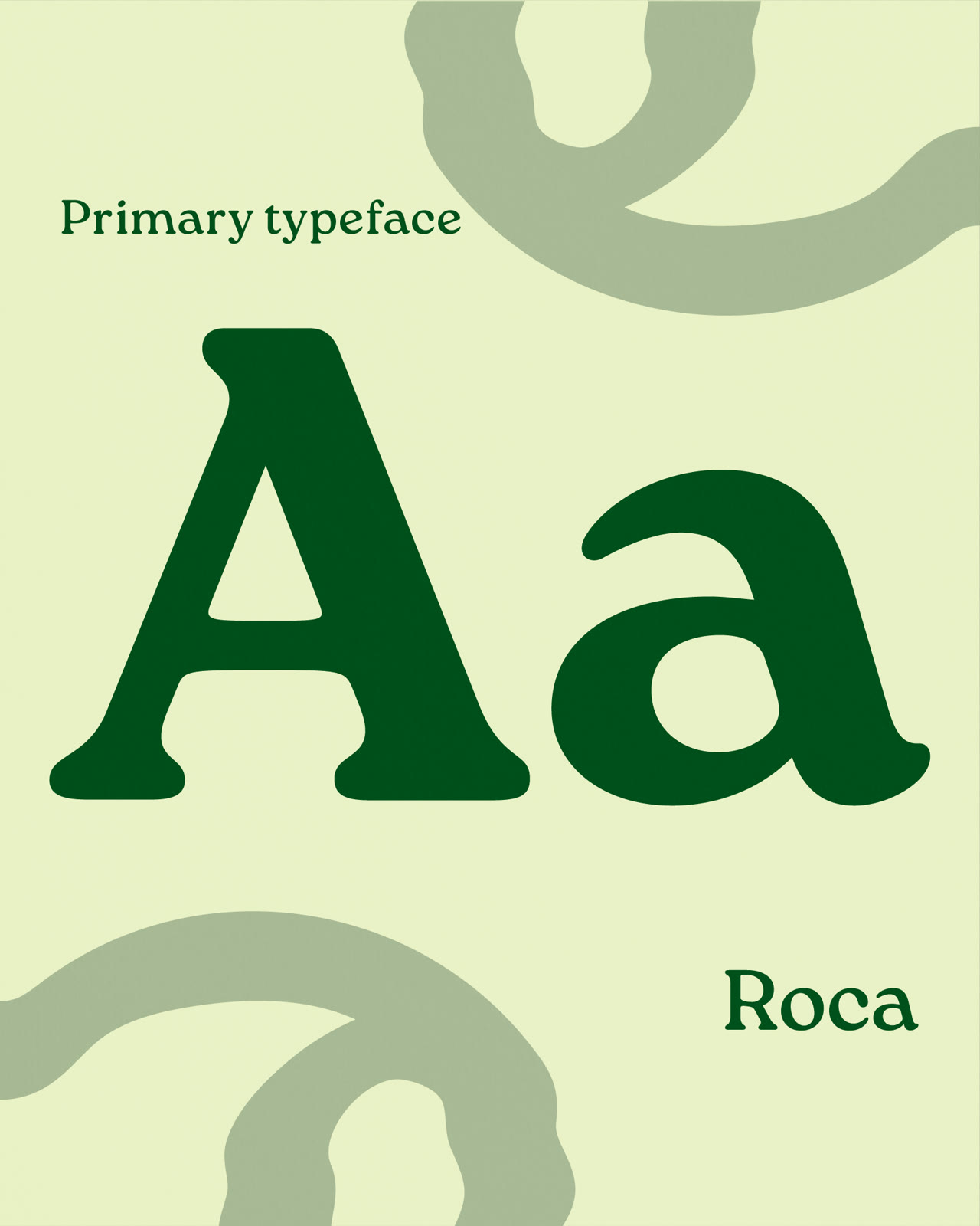 Two Frogs typeface specimen: a large green Aa set in Roca on pale green, the mark ghosted behind