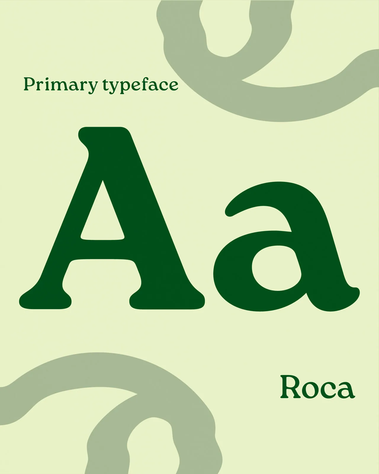 Two Frogs typeface specimen: a large green Aa set in Roca on pale green, the mark ghosted behind